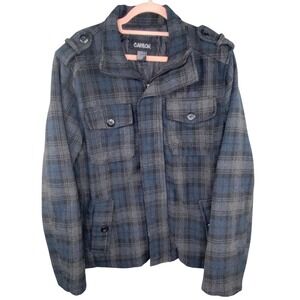 Carbon Plaid Field Jacket Mens M Blue Grey Utility Epaulette Wool Zip Grunge